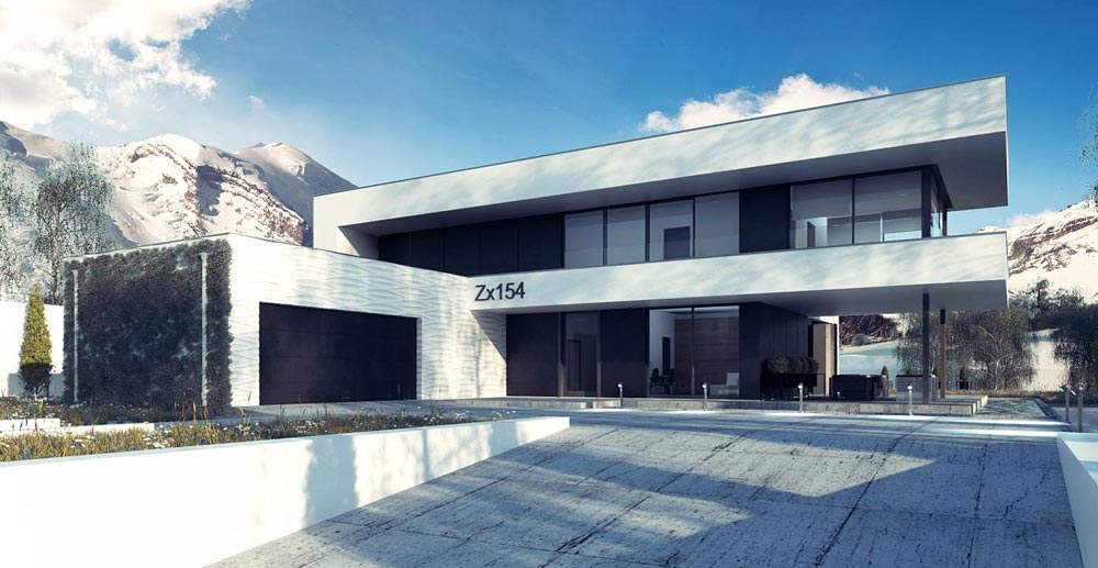wizualizacja zimowa 3d nowoczesnego domu jednorodzinnego