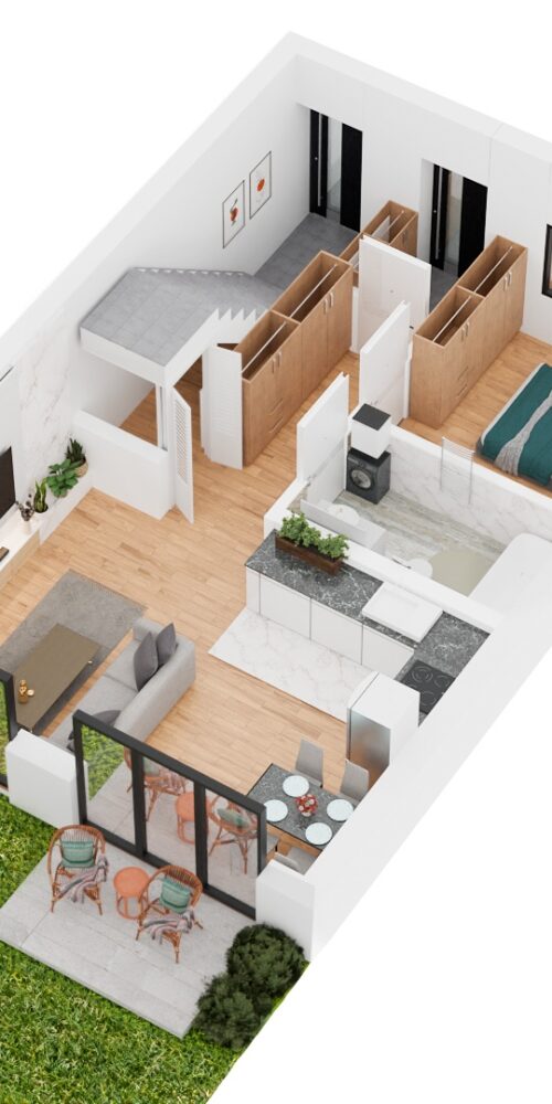 rzuty aksonometryczne 3D domów i mieszkań parteru