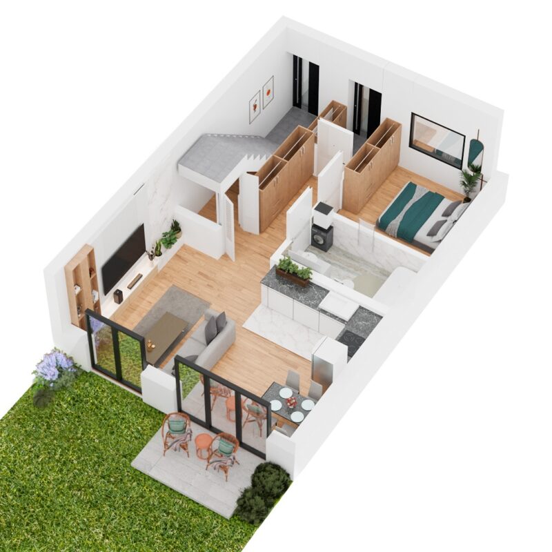 rzuty aksonometryczne 3D domów i mieszkań parteru