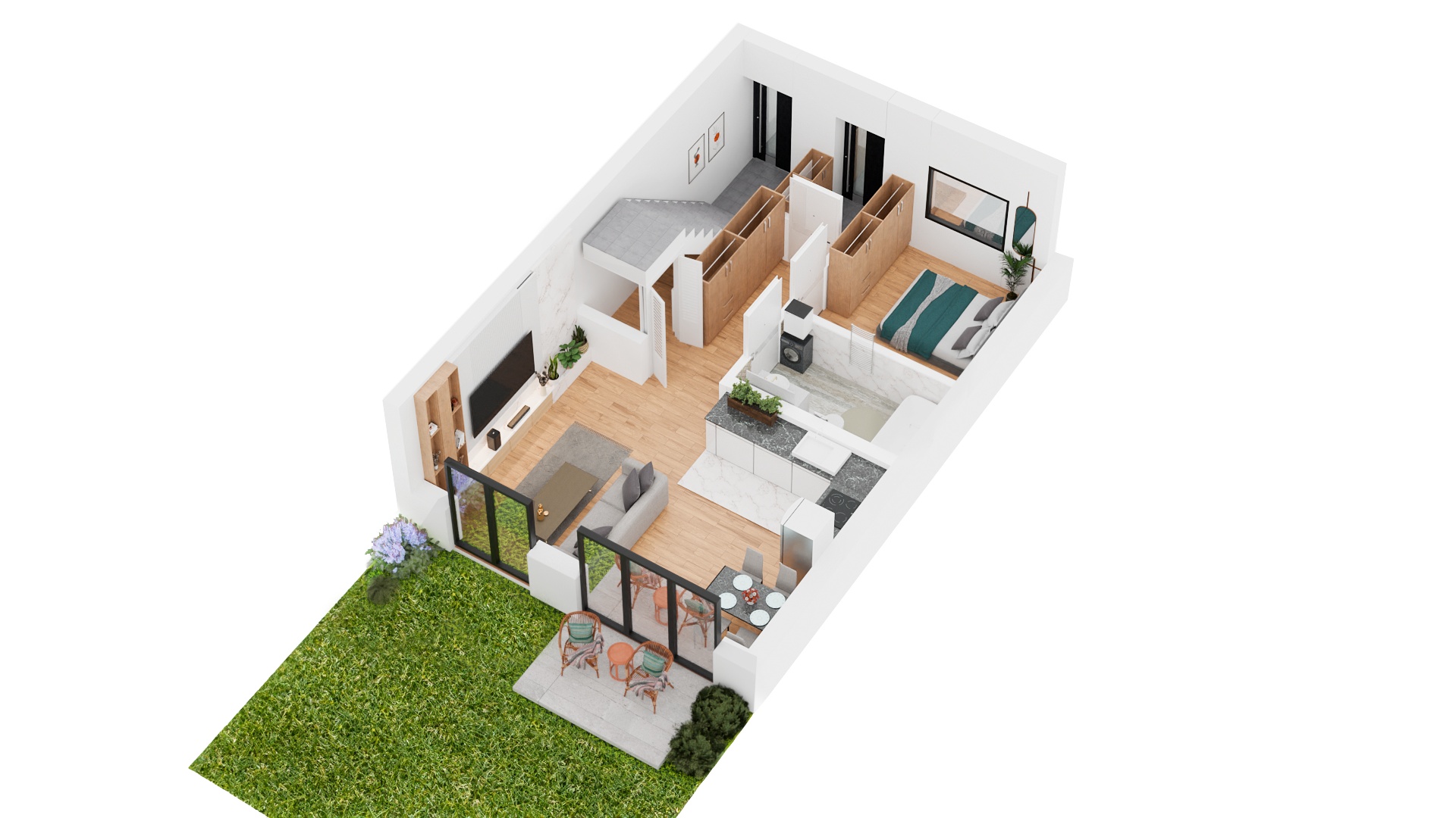 rzuty aksonometryczne 3D domów i mieszkań parteru