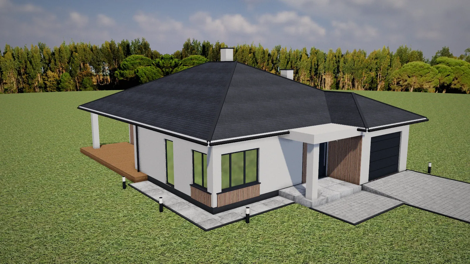 Dom w konfiguratorze 3D w dzień, pod jasnym niebem z chmurami