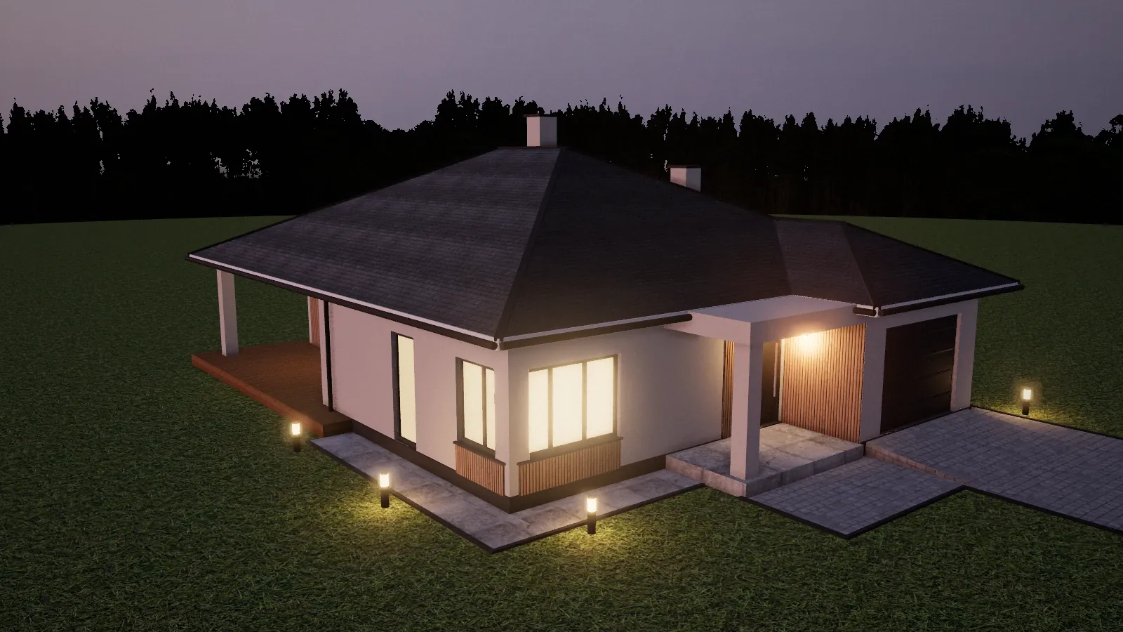 Dom w konfiguratorze 3D wieczorem z rozświetlonymi oknami i lampami przy ścieżce