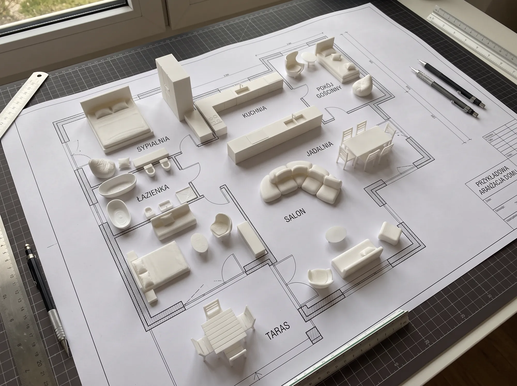 Plan domu wydrukowany w skali z białymi meblami z drukarki 3D ustawionymi w pomieszczeniach