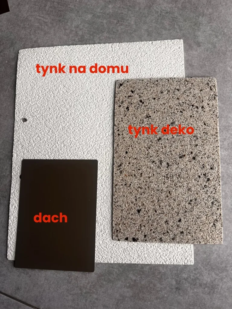 Karty produktowe weber.color NAVIGATOR i weber.pas stone oraz próbka blachy SSAB w kolorze RAL 7006