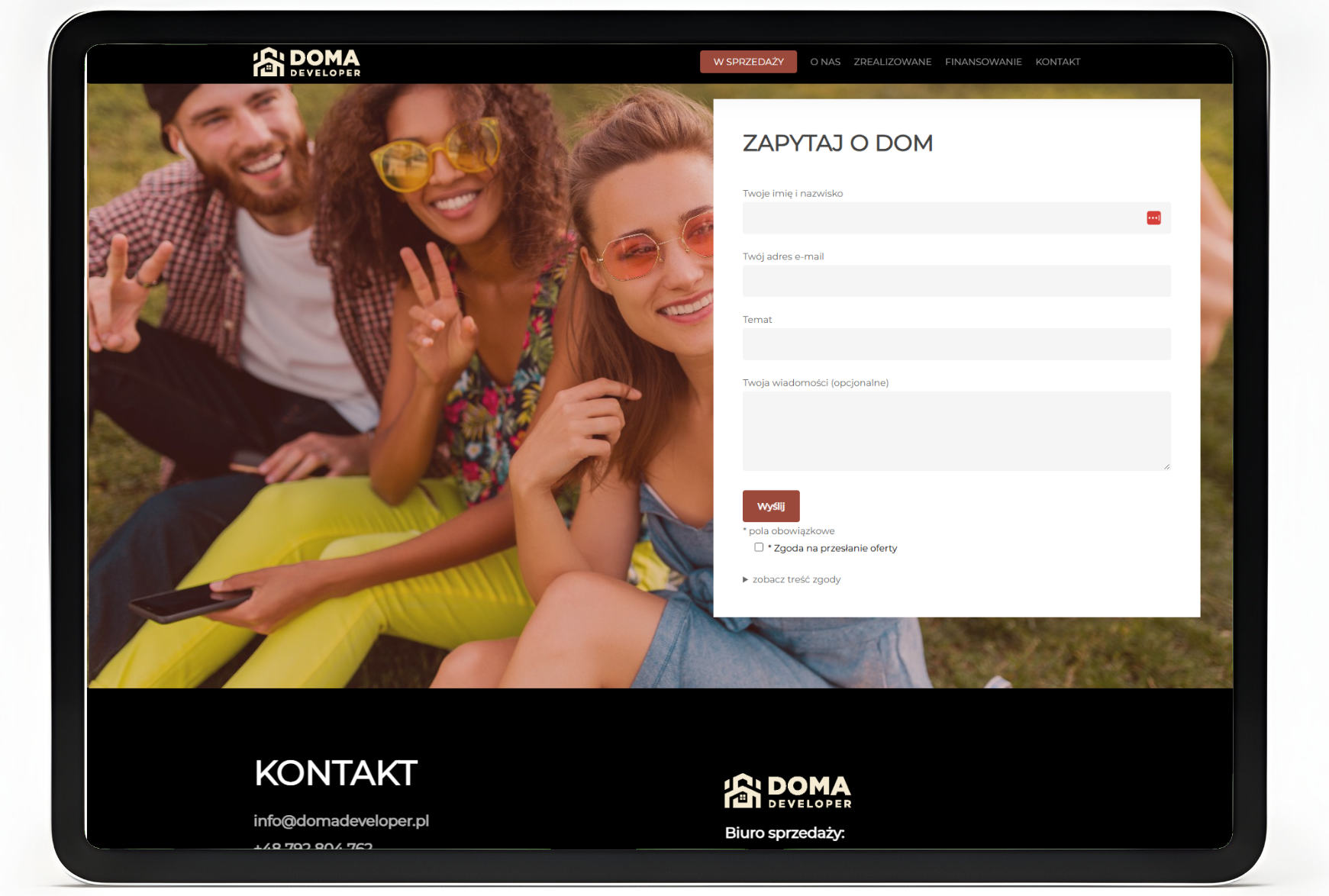 strona internetowa dewelopera z formularzem kontaktowym