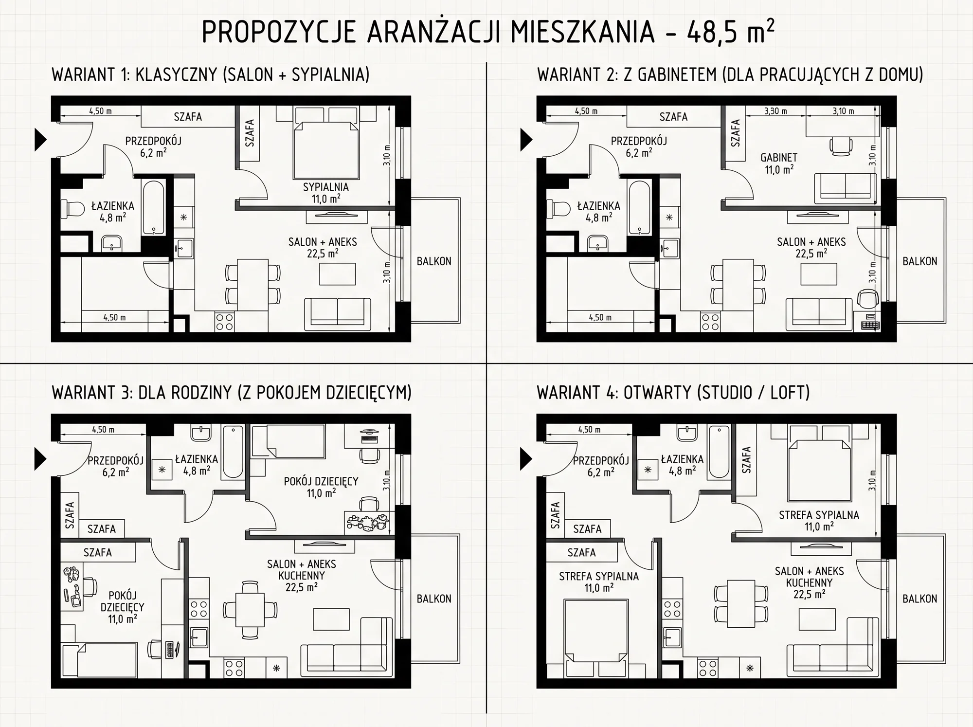 Cztery propozycje aranżacji tego samego mieszkania 48,5 m²: klasyczny, z gabinetem, dla rodziny z pokojem dziecięcym i otwarty typu studio